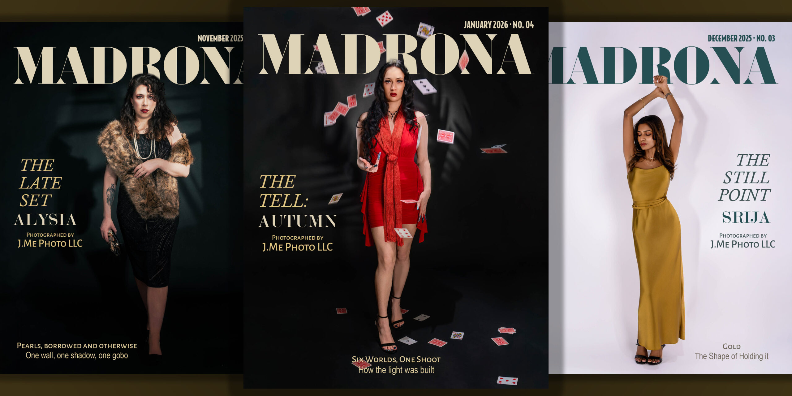 Three Madrona covers side by side: Alysia in November 2025, Autumn in January 2026, and Srija in December 2025