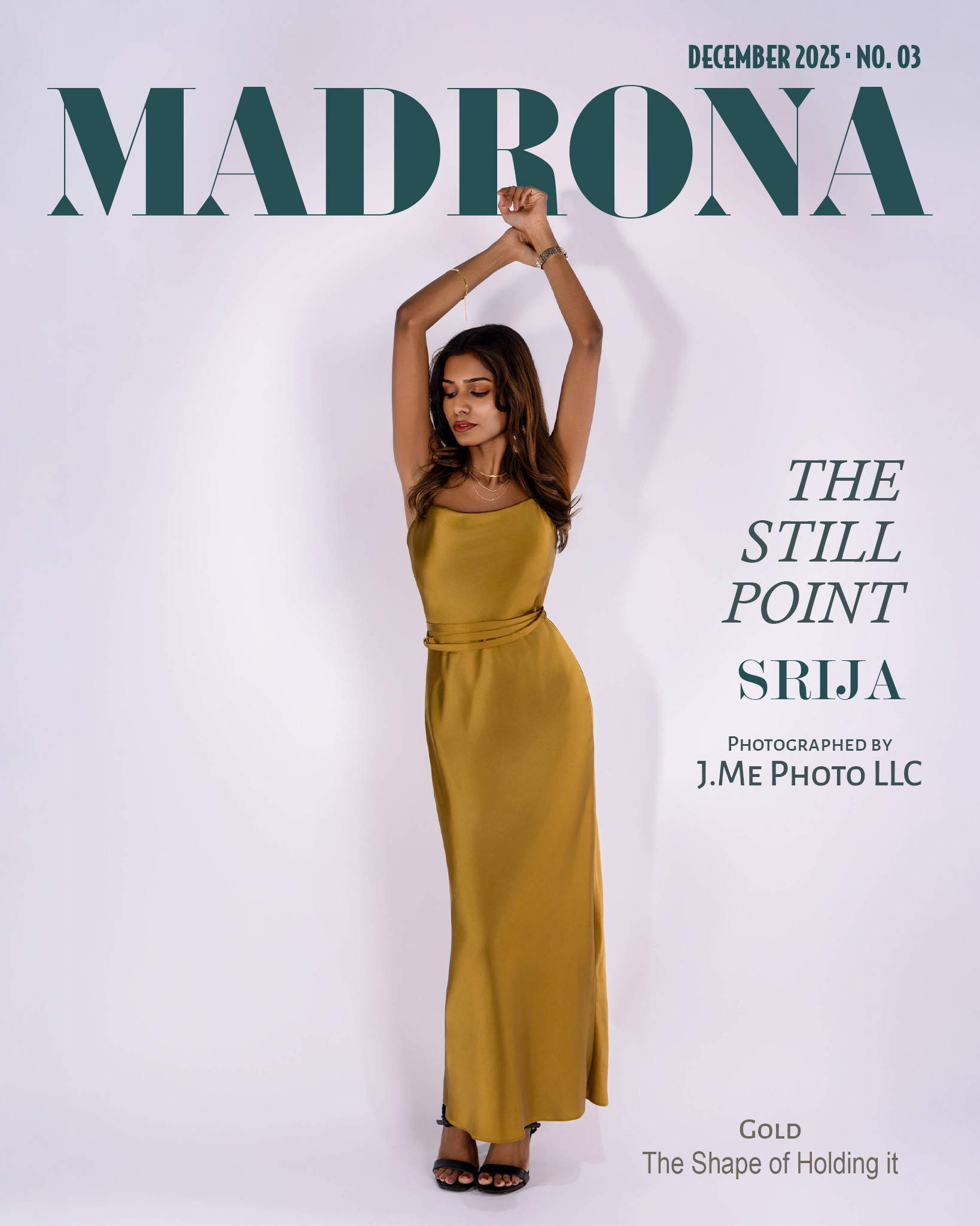 Srija in a gold satin gown, wrists crossed above her head against a pale wall, on the December 2025 cover of Madrona